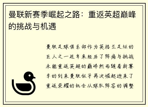 曼联新赛季崛起之路：重返英超巅峰的挑战与机遇